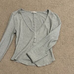 Free People Gray Ribbed V-Neck Button-Up Women's Top